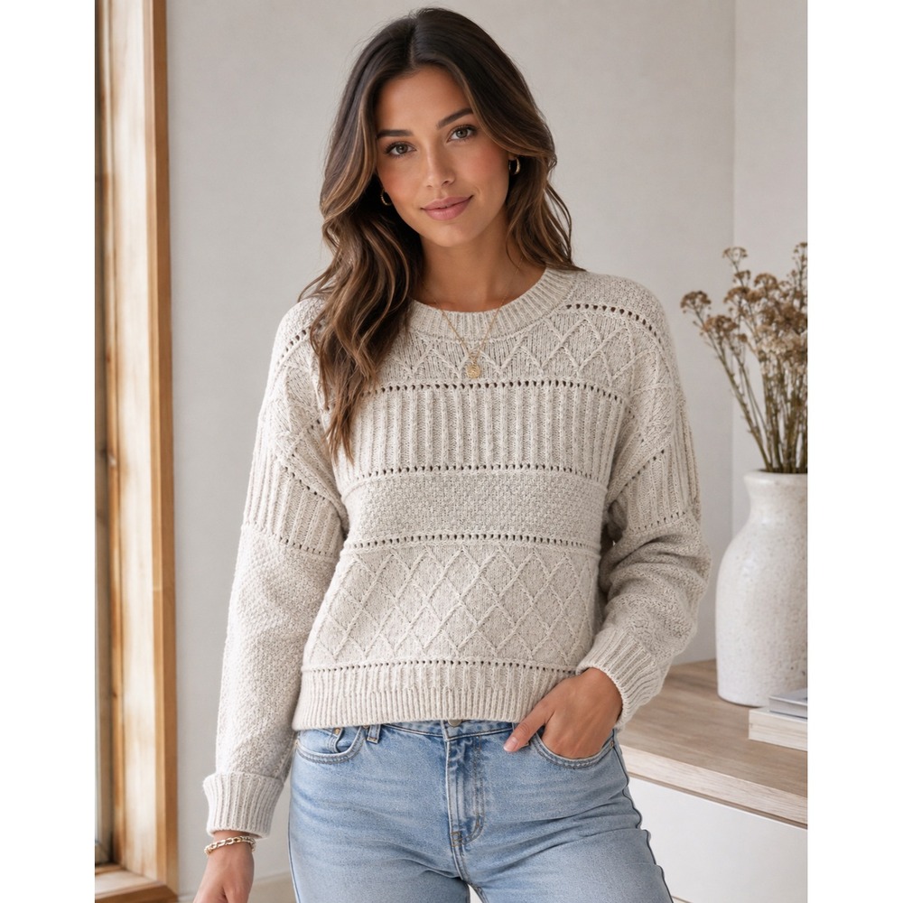 Lucky Brand Womens Sweater Size XS Oatmeal Cable Knit Pointelle Crew Neck Cozy